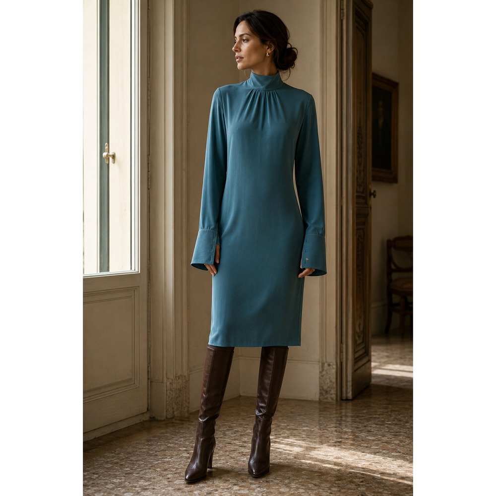 Vintage Patrizia Pepe 100% Silk Teal High Neck French Cuff Keyhole Dress IT 44
